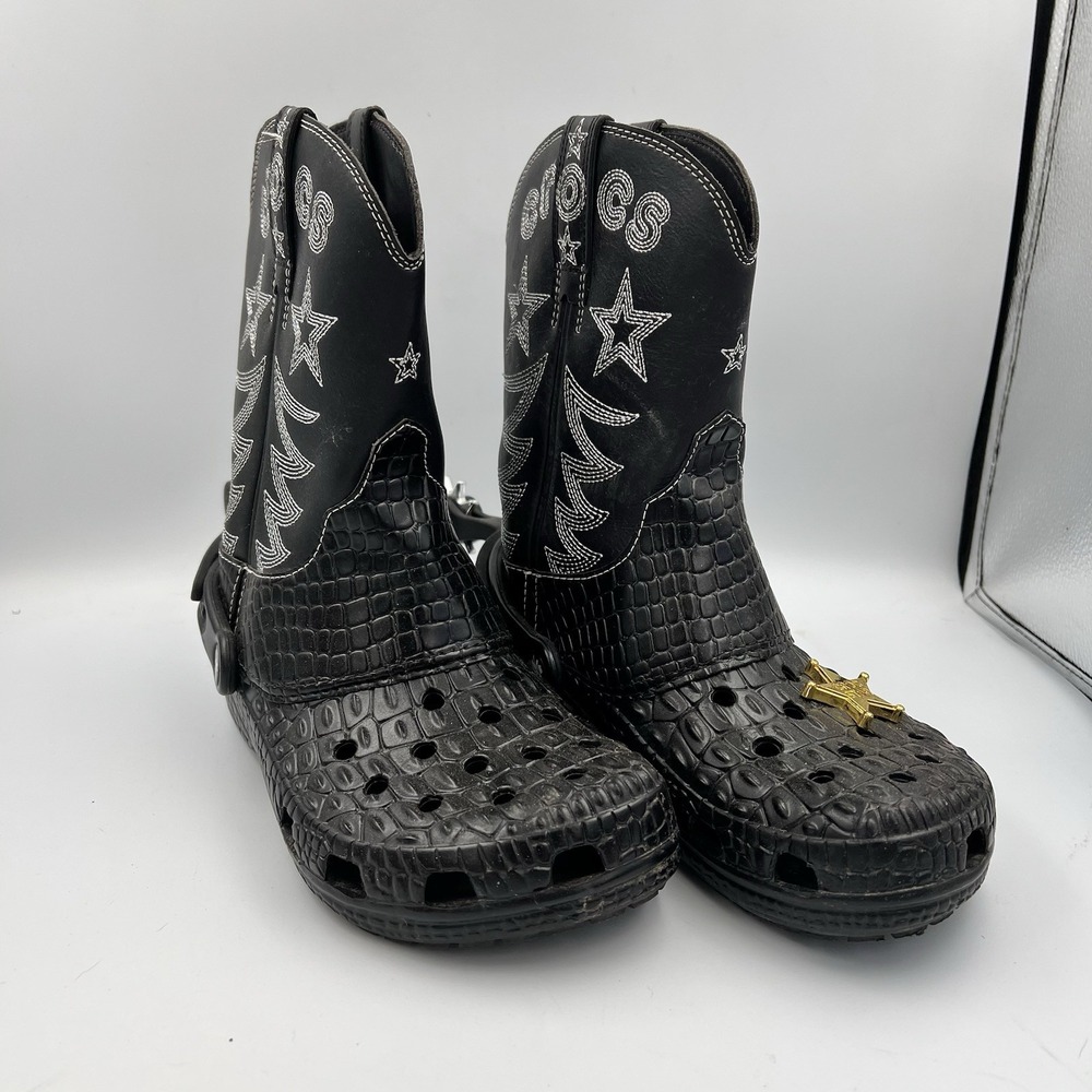 Crocs Classic Cowboy Boots With Limited Edition Spurs Black Sz M5 W7 Western